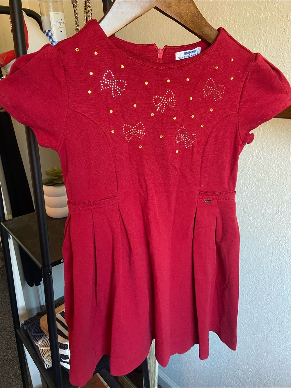 Mayoral Red Girls Dress with Gold Stud Bow Accents